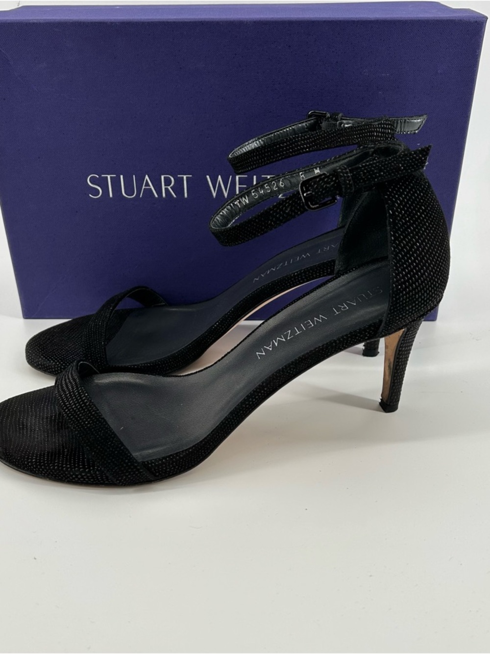 Stuart Weitzman "Nudist" Black Sparkle Ankle-Strap Heels - Picture 4 of 7